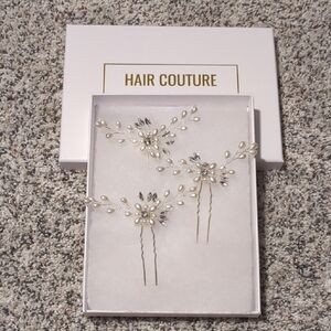 Pearl, Silver, Rhinestone Hair Pins on gold pin legs.